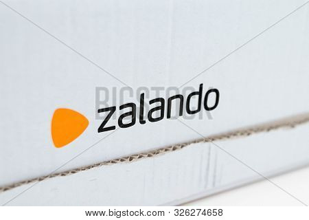 Geneva/switzerland-10.08.18: Zalando Online Shopping Package Clothe Box Cardboard Mail