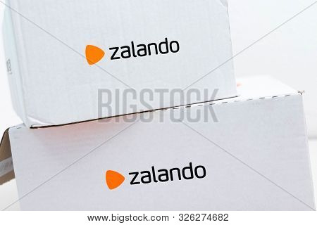 Geneva/switzerland-10.08.18: Zalando Online Shopping Package Clothe Box Cardboard Mail