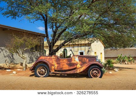 Solitaire, Namibia - March 29, 2019 : Car Wreck At The Solitaire Lodge In Namibia. Solitaire Is A Sm