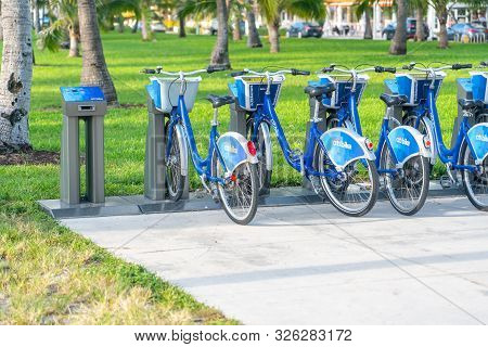 Miami, Usa - September 11, 2019: Blue Citibike Shared Bicycles For Rent Are Lined Up In South Beach 