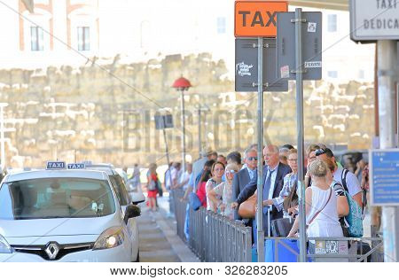 Rome Italy - June 17, 2019: Unidentified People Queue To Take Taxi At Termini Train Station Rome Ita