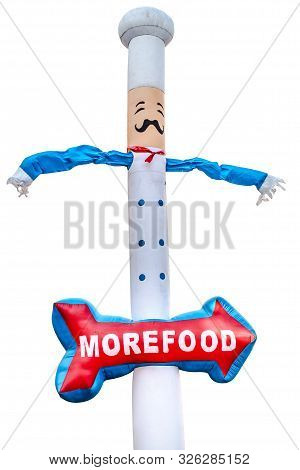 Inflatable Chef Doll Blowing In The Wind With White Chef Hat And Red Arrow With Message Isolated On 