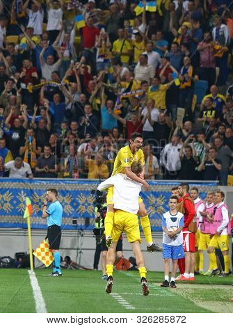 Lviv, Ukraine - June 7, 2019: Roman Yaremchuk And Roman Bezus Of Ukraine Celebrate A Goal During The