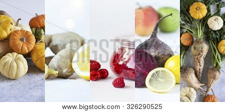 Collage Of Photos Of Autumn Vegetables. Harvest Of Pumpkins, Radishes, Raspberries, Ginger