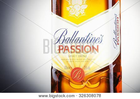 Ballantines Passion Spirit Drink On Gradient Background. Ballantines Is Blended Scotch Whisky Produc