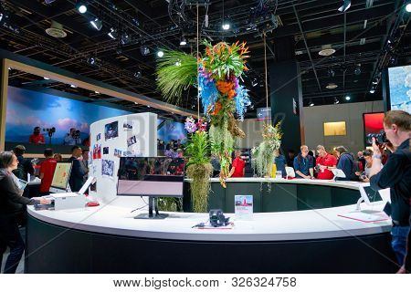 COLOGNE, GERMANY - CIRCA SEPTEMBER, 2018: Canon space at the Photokina Exhibition. Photokina is a leading trade fair for the worldwide photo industry.