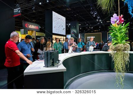 COLOGNE, GERMANY - CIRCA SEPTEMBER, 2018: Canon space at the Photokina Exhibition. Photokina is a leading trade fair for the worldwide photo industry.