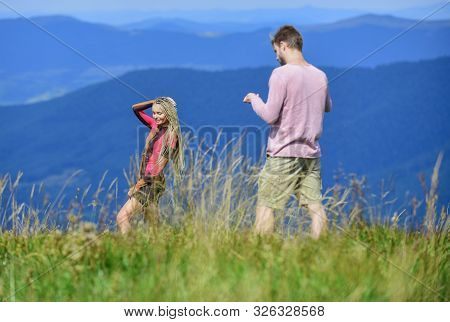 Snapping Memories. Man And Woman Posing Mobile Photo. Lets Take Photo. Summer Vacation Concept. One 