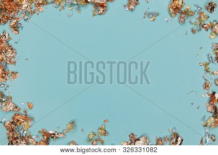 Turquoise Trend Color Background With Frame Decorated With Bronze, Silver And Golden Potal Foil - Fo