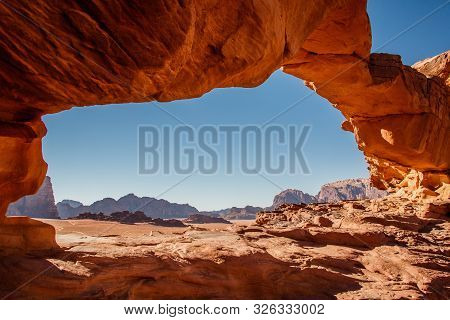 Framed View Of Wadi Rum Desert From Little Bridge Rock Formation, Jordan