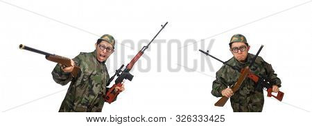 Military man with a gun isolated on white