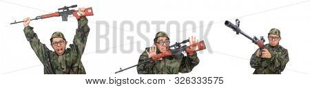 Military man with a gun isolated on white