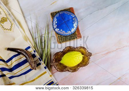 Jewish Ritual Festival Of Sukkot In The Jewish Religious Symbol Etrog, Lulav, Hadas Arava Kippah And