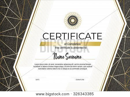 Certificate With Metallic Gold Lines On Grey Background. Modern Fashion Vertical Certificate Templat