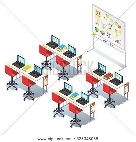 Modern Technology Class Room With Desks, Chairs