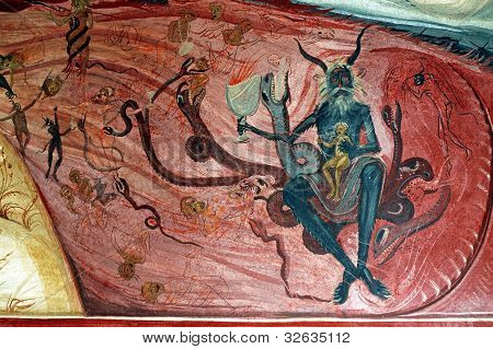 Evil And Hell On A Romanian Mural In Tismana Monastery