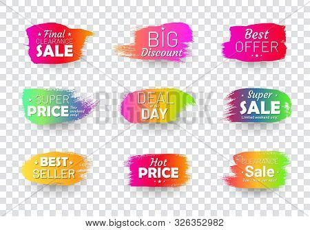 Colorful Retail Labels Set In Shape Of Paintbrush Stroke. Big Discount, Super Sale, Best Offer And O