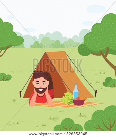 Outdoor Activity, Camping And Man In Tent, Camper On Picnic. Nature And Leisure, Pastime, Sport Or R