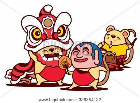 Cartoon Cute Rat Enjoy Lion Dance With Big Head Buddha And Cute Rat Playing Drum. Chinese New Year 2