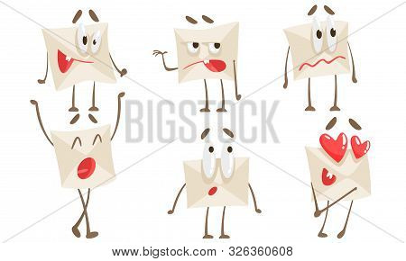 Funny Paper Envelope Cartoon Character Set, Humanized Mail Letter With Arms And Legs And Various Emo