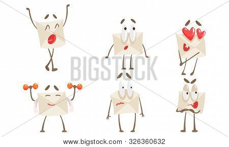Funny Paper Envelope Cartoon Character Set, Cute Humanized Mail Letter With Arms And Legs And Variou