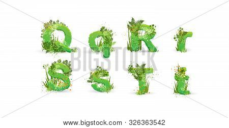 Green Leaves Font. Vector Illustration. Stylish Eco Alphabet From Colorful Tropical Leaves, Bushes, 