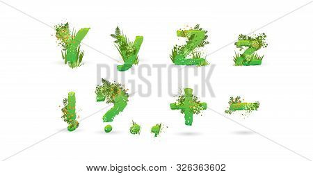 Green Leaves Font. Vector Illustration. Stylish Eco Alphabet From Colorful Tropical Leaves, Bushes, 