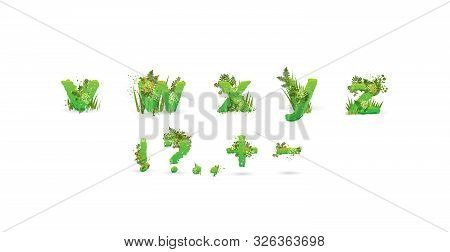Green Leaves Font. Vector Illustration. Stylish Eco Alphabet From Colorful Tropical Leaves, Bushes, 