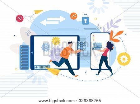 Business Data Center, Information Backup And Access Synchronization Cloud Service Trendy Flat Vector