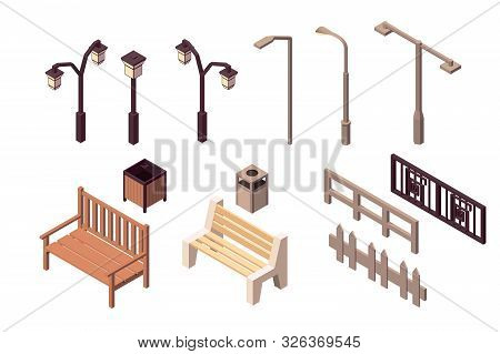 Collection Isolated Urban Element Of Street Environment For Modern City. Concept Set With Fence, Tra