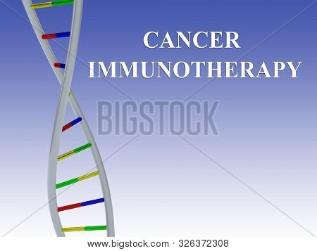 3d Illustration Of Cancer Immunotherapy Script With Dna Double Helix , Isolated On Blue Gradient.