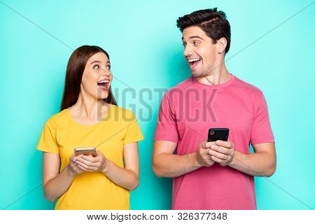 Portrait Of His He Her She Nice Attractive Charming Lovely Addicted Cheerful Cheery Couple Using Cel