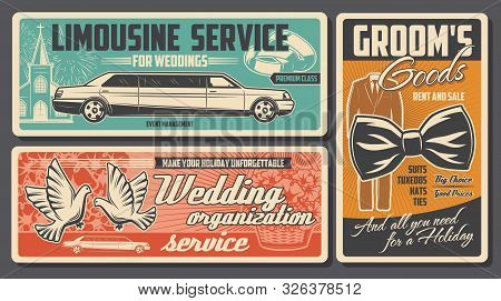 Wedding Ceremony Vector Banners Of Love Couple Rings, Bride Dress And Groom Suit, Bridal Bouquet, Ch