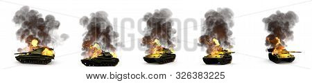 Army Tank With Fictive Design Burning Wrecked In Combat Isolated On White, Very High Resolution Mili