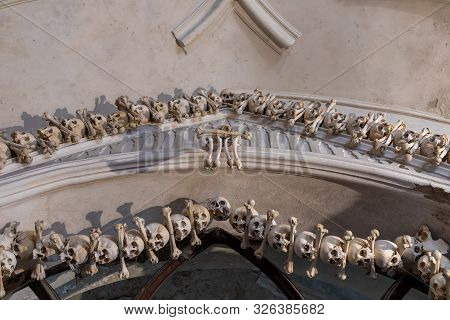 Kutna Hora, Czech Republic, September 15.2019, Human Skulls And Bones In Kostnice Sedlec Ossuary, Ch