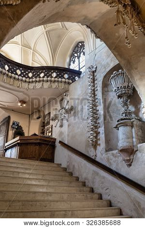 Kutna Hora, Czech Republic, September 15.2019, Human Skulls And Bones In Kostnice Sedlec Ossuary, Ch