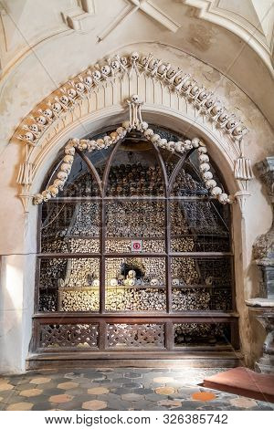 Kutna Hora, Czech Republic, September 15.2019, Human Skulls And Bones In Kostnice Sedlec Ossuary, Ch