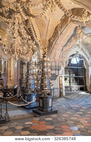 Kutna Hora, Czech Republic, September 15.2019, Human Skulls And Bones In Kostnice Sedlec Ossuary, Ch