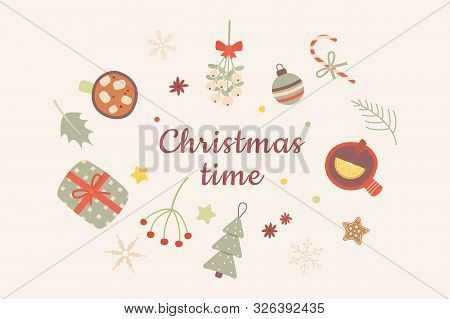 Christmas Festive Decorations Flat Vector Set. Cups With Hot Chocolate And Spicy Tea Top View. Winte
