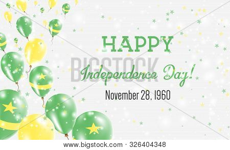 Mauritania Independence Day Greeting Card. Flying Balloons In Mauritania National Colors. Happy Inde