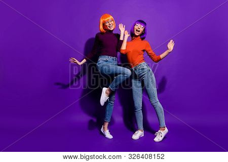Full Length Body Size View Of Two Nice Attractive Charming Cheerful Excited Glad Girls Wearing Wigs 