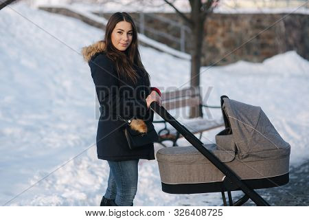 Young Mother Walking With Her Baby In Pram. Beautiful Stoller. Winter Photosession
