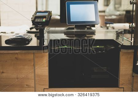 Self-checkout Counter In A Supermarket. Modern Technology In Trade. Electronic Cashier