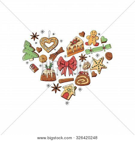 Heart Made Of Different Christmas Winter Desserts, Sweets And Food.
