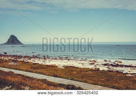 Seascape, Sea Coast With Sandy Beach And Island Bleiksoya In The Distance, Resort Bleik Andoya Norwa
