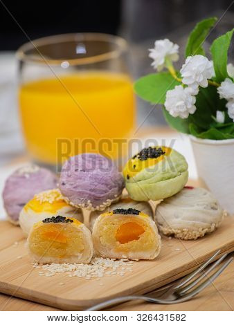 Thai Dessert `mochi ` In Thai Culture And Tea Water Or Fruit Juice