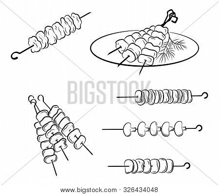 Set Of Roasted Meat Or Vegetables, Traditional Food Barbecue, Steaks, Kebab Or Shashlik. Black Conto