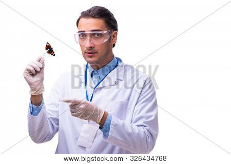 Young student zoologist with butterfly isolated on white