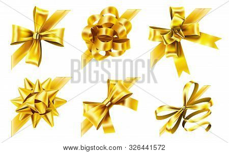 Decorative Corner Bow. Golden Favor Ribbon, Yellow Angle Bows And Luxury Gold Ribbons. Birthday Or X