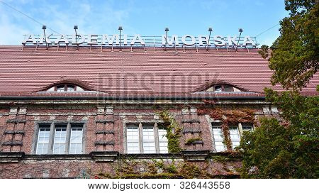 Szczecin,poland. 4 October 2019. Sign Akademia Morska. Company Signboard Akademia Morska.
